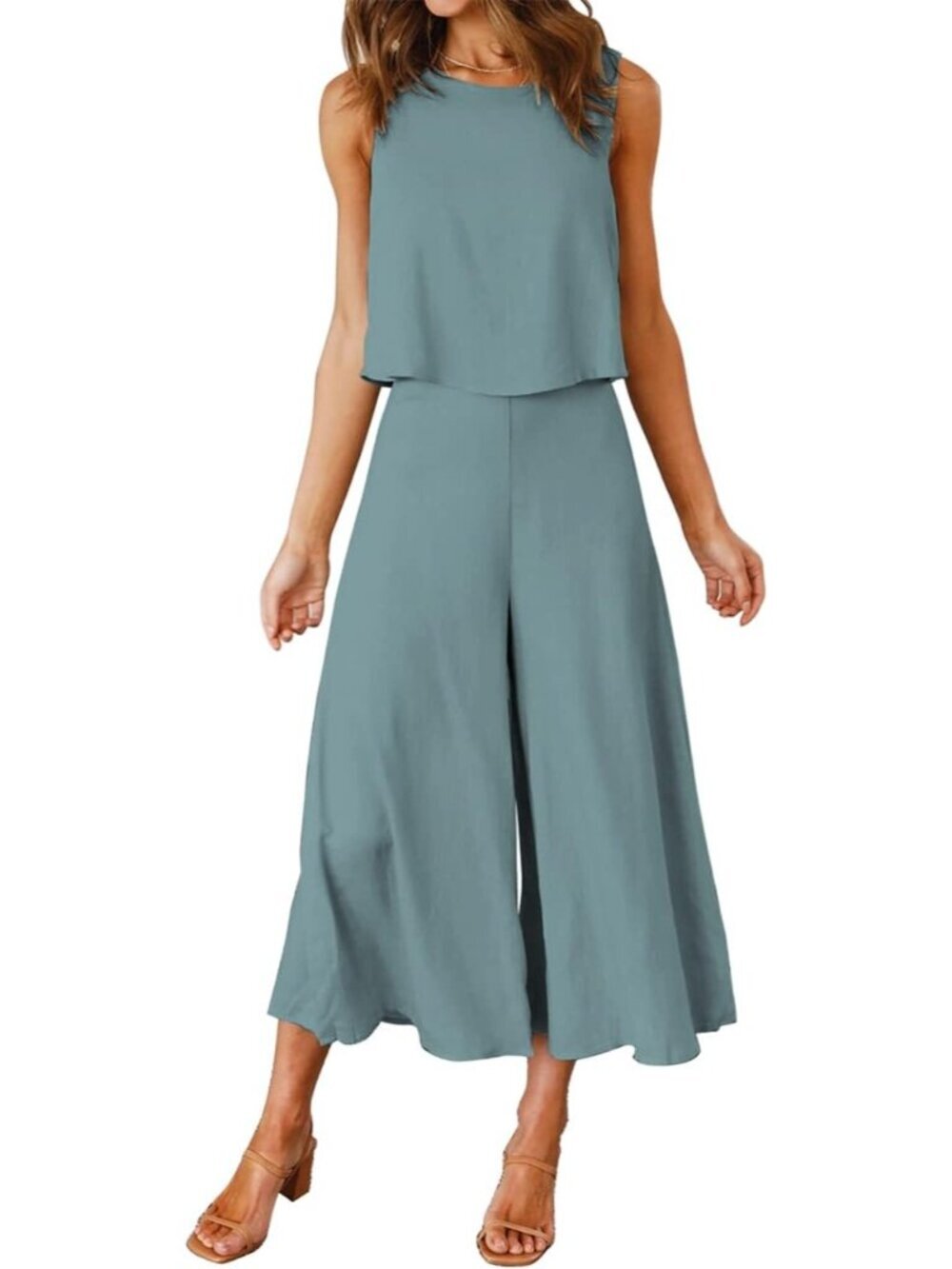 Women's Summer 2 Piece Stone Blue Round Neck Crop Top Cropped Wide Leg Jumpsuit